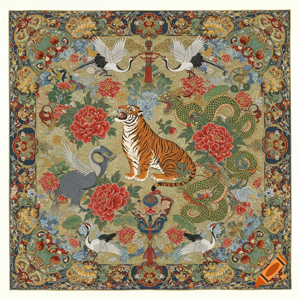 An ornate square scarf in Korean Minhwa style features a roaring tiger, cranes, dragons, and flowers on a tan background.