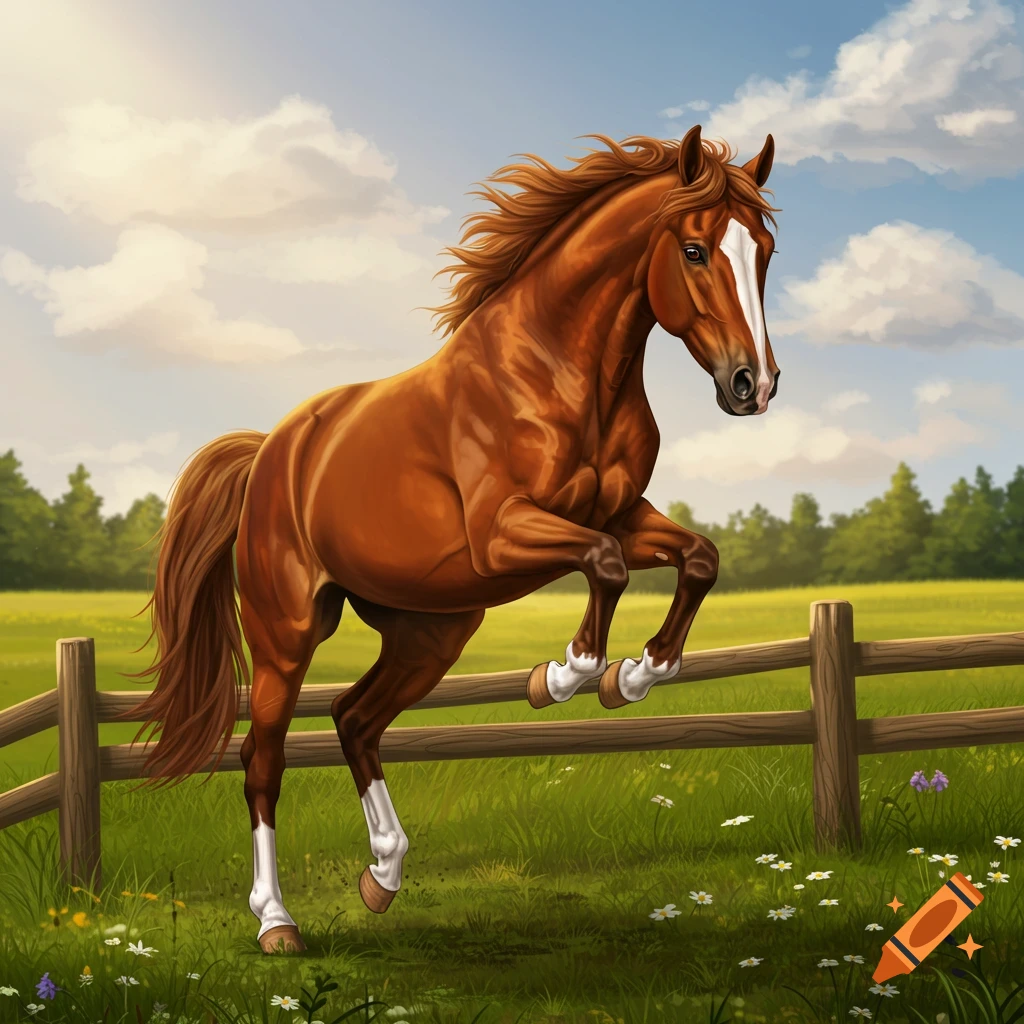 A brown horse with a white blaze and socks jumps over a wooden fence in a green, flower-filled field under a cloudy sky.