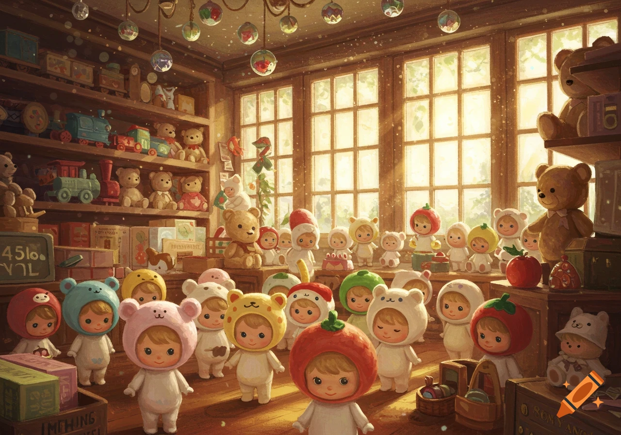 Warm, sunlit toy store filled with many cute Sonny Angel-like figures in animal and fruit costumes, teddy bears, and wooden trains on shelves.