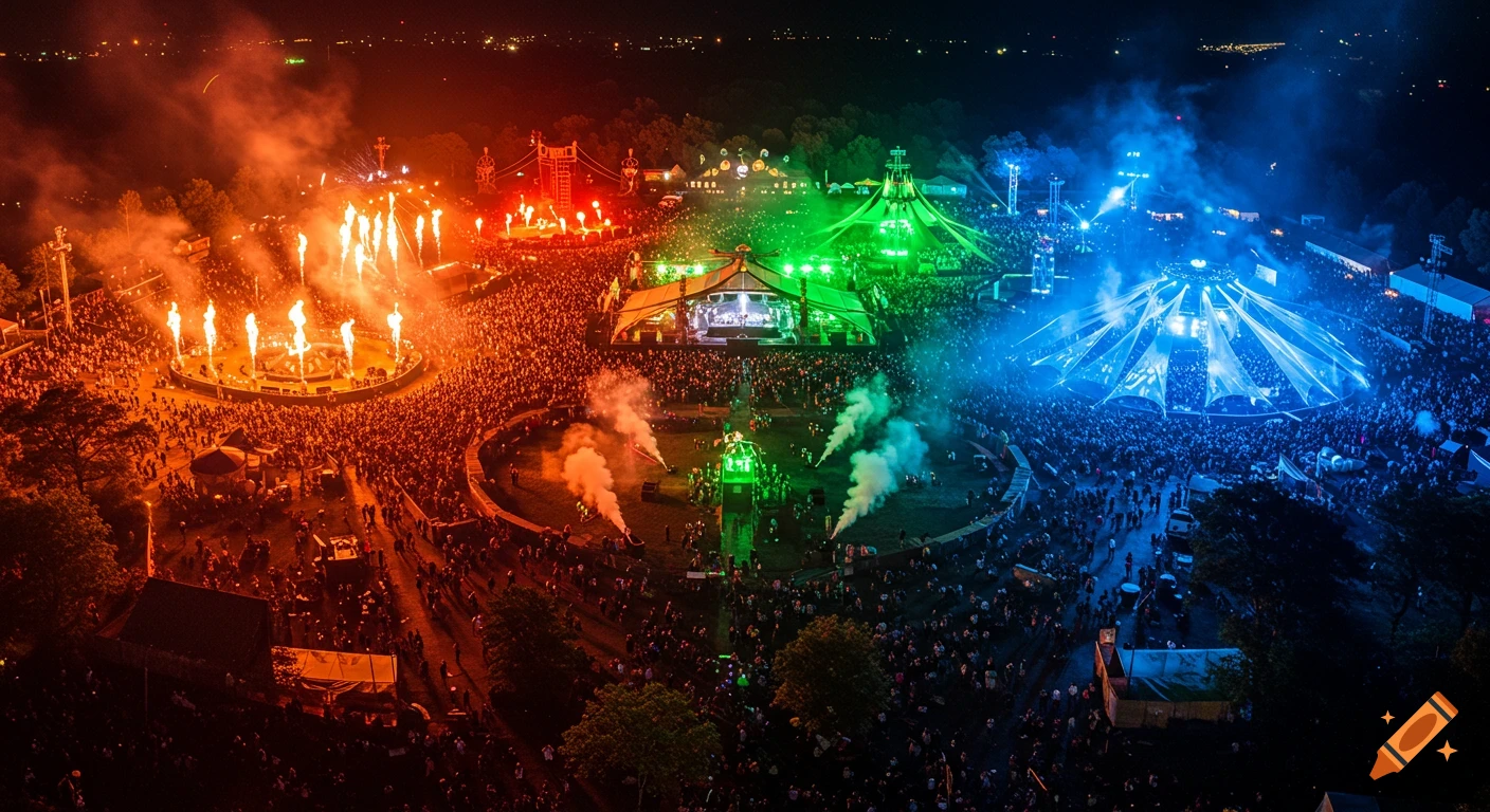 Aerial view of a vibrant music festival at night, with distinct zones illuminated in red, green, and blue, filled with a large crowd.
