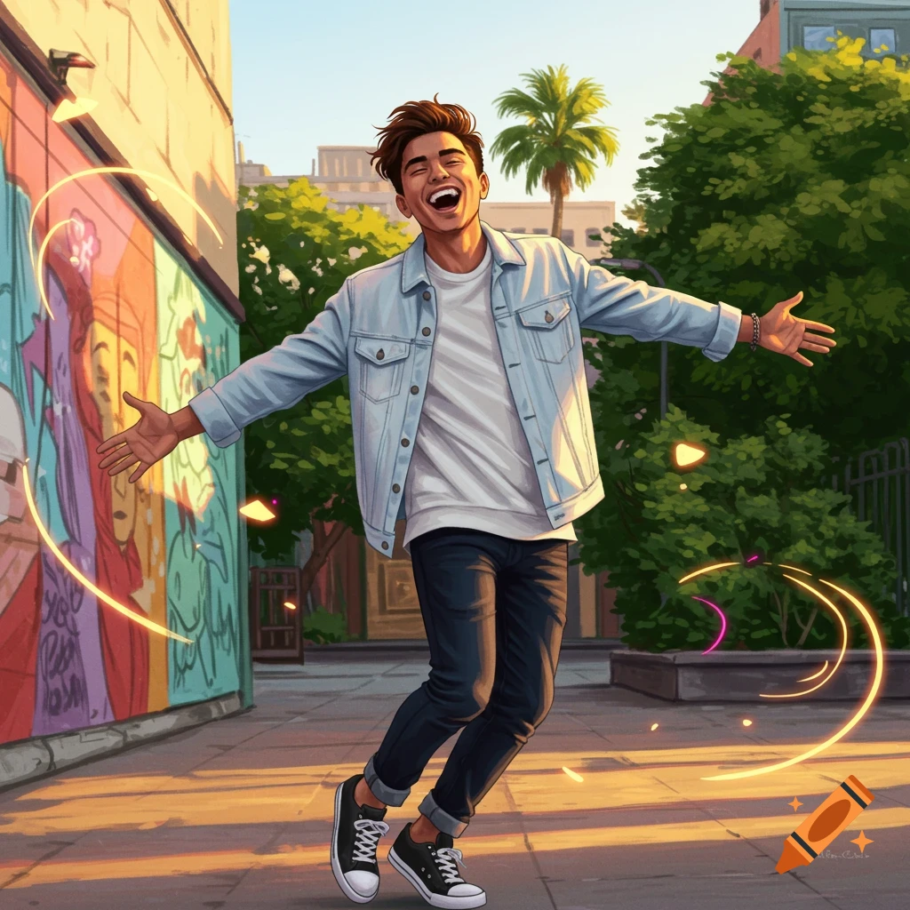 Happy young man in a denim jacket laughs with arms open on a sunny urban street with a colorful mural and golden light streaks.
