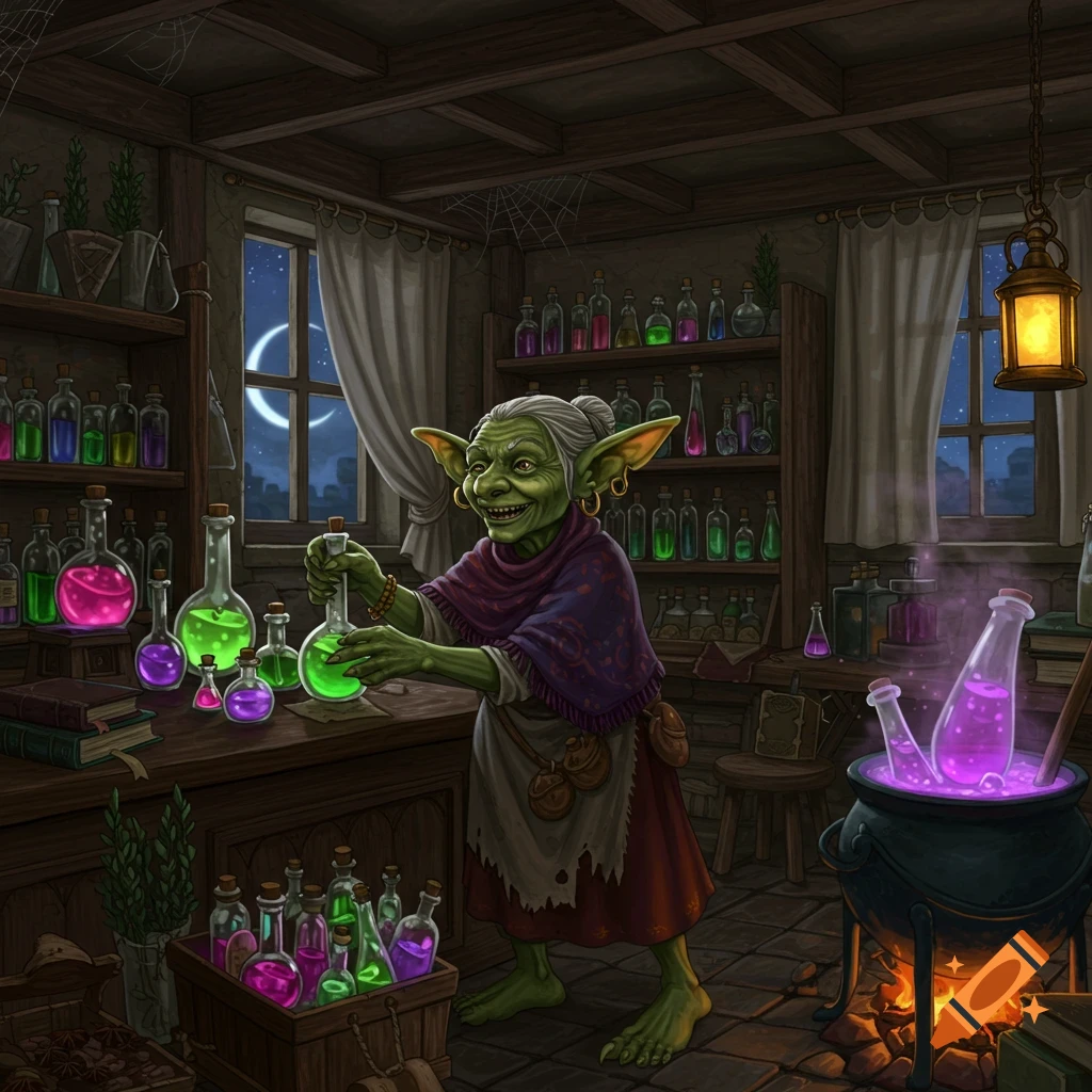 A grinning old green-skinned goblin woman in a shawl and apron mixes a glowing potion in a dark, cluttered alchemy shop.