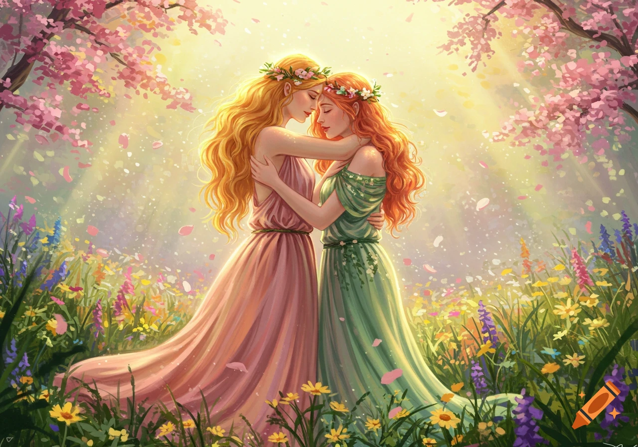 Fantasy illustration of two women with flower crowns embracing in a sunlit meadow with wildflowers and pink trees.