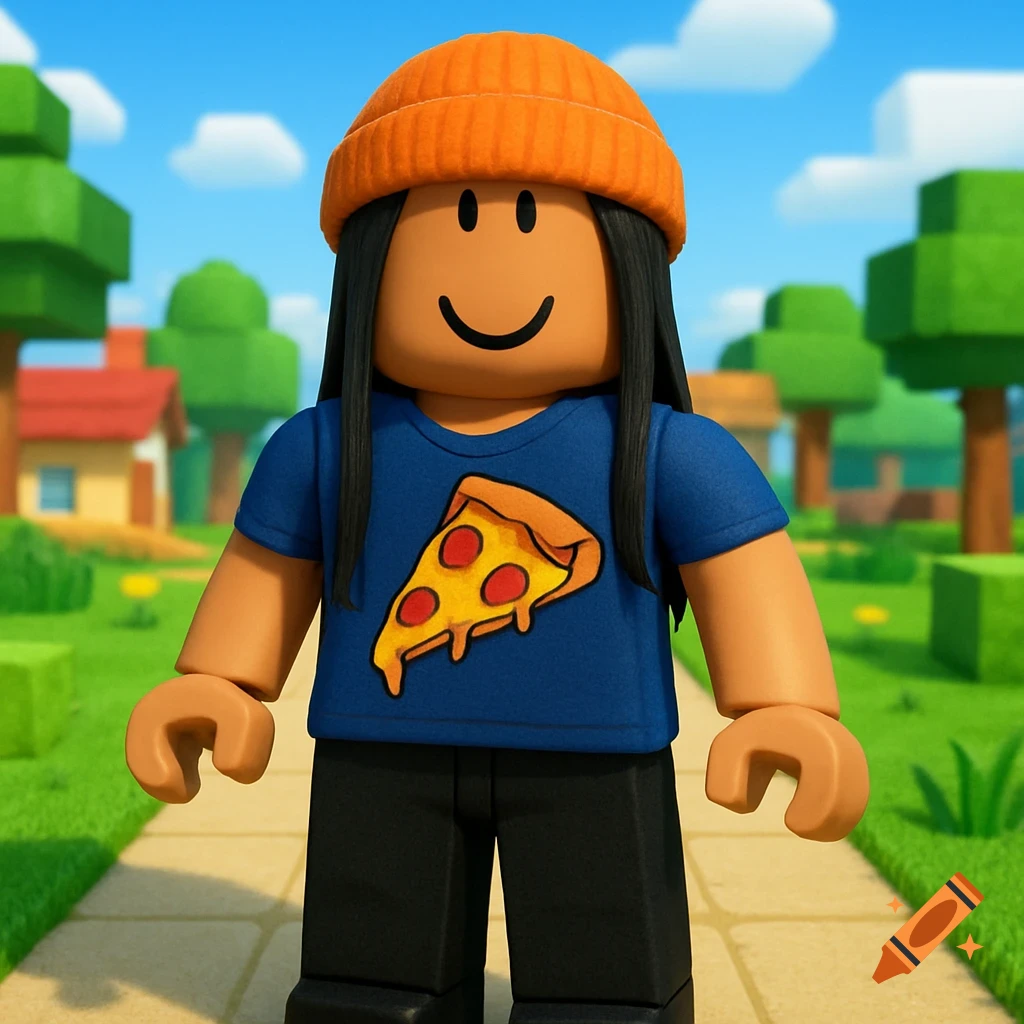 A Roblox character with tan skin, orange beanie, black hair, pizza shirt, and black pants stands outdoors in a blocky landscape.