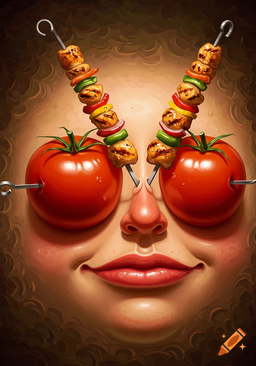Surreal portrait of a face with tomatoes for eyes and chicken & vegetable kebabs skewered through them and emerging from the nose.