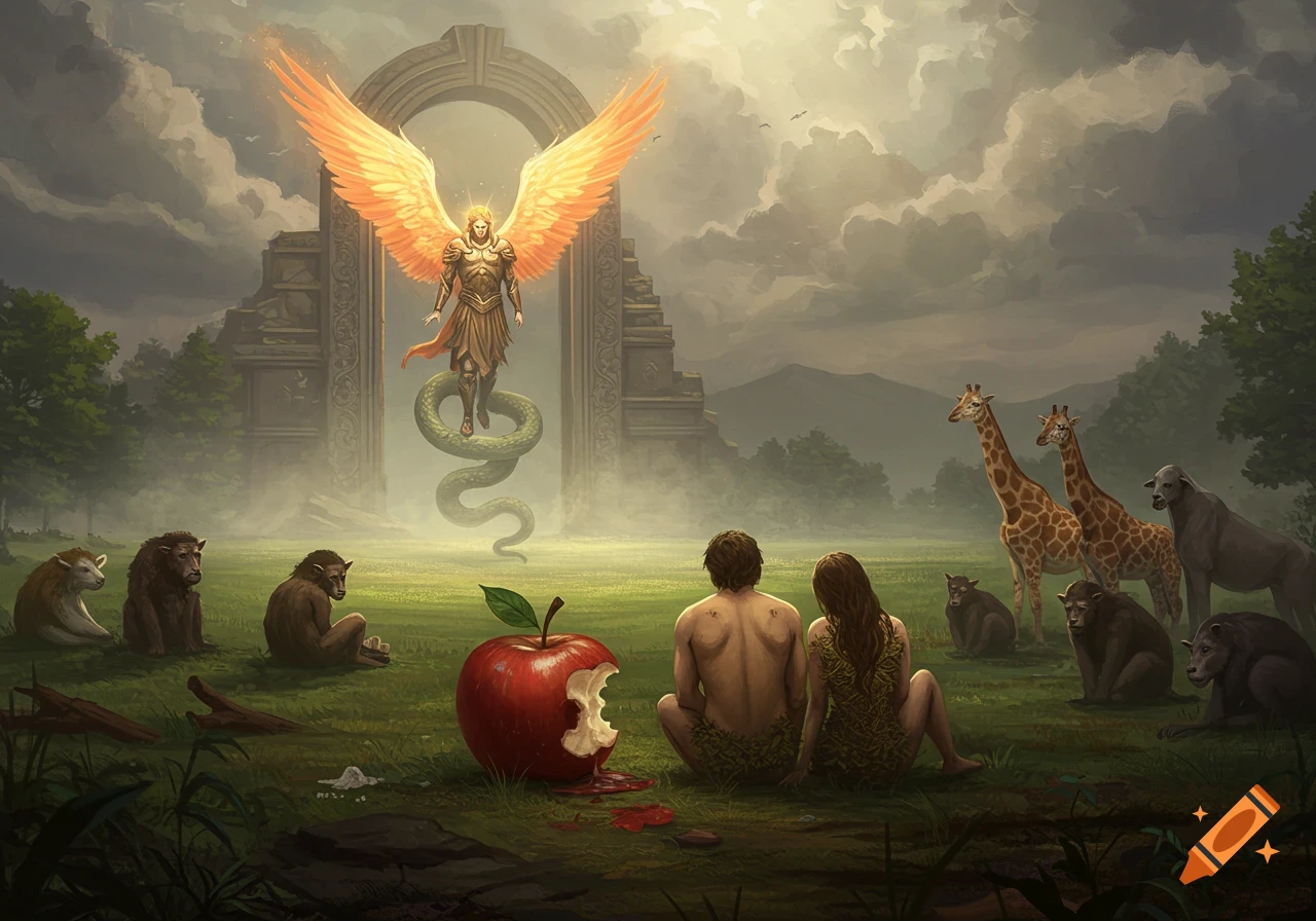 Adam and Eve sit outside the Garden of Eden gate, guarded by an archangel and snake, a bitten apple between them, with animals nearby.