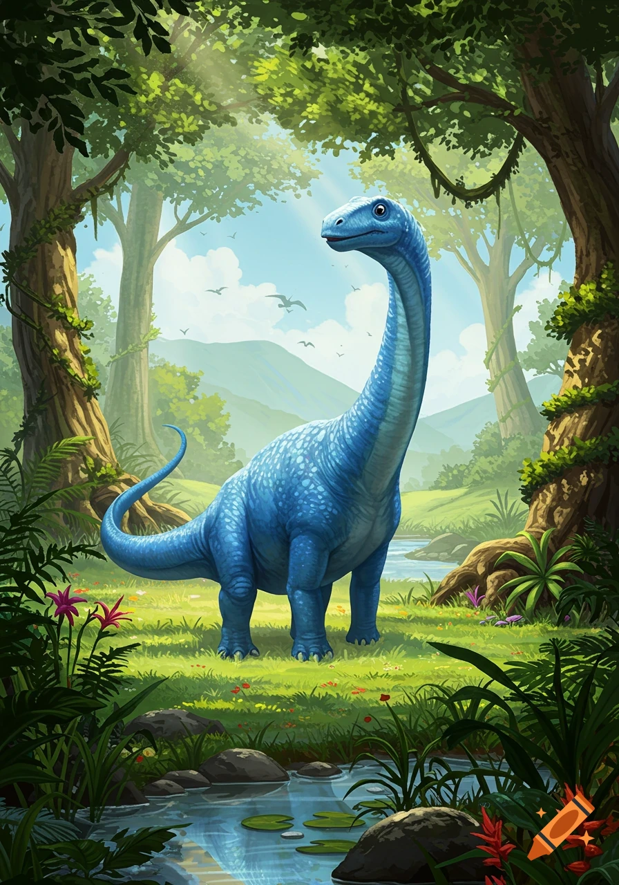 A blue long-necked dinosaur stands in a vibrant, sunlit prehistoric jungle with a stream. Illustrated style.