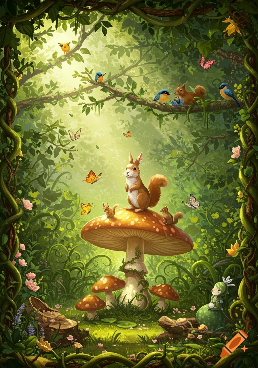 A whimsical illustration of a forest scene with a squirrel on a mushroom, birds on branches, butterflies, and lush foliage.