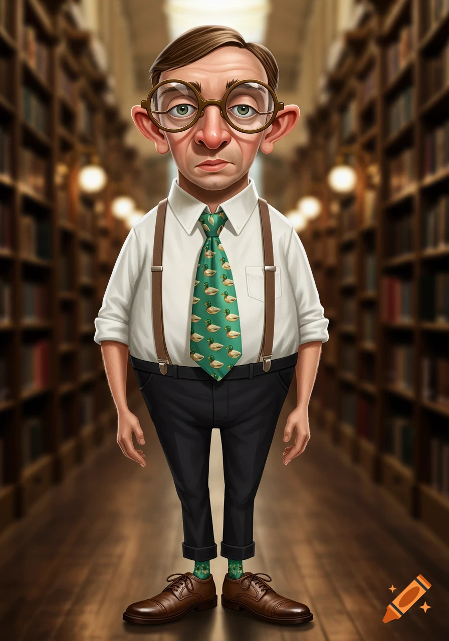 A cartoon caricature of a nerdy man with large glasses, suspenders, and a duck-patterned tie, standing in a library.