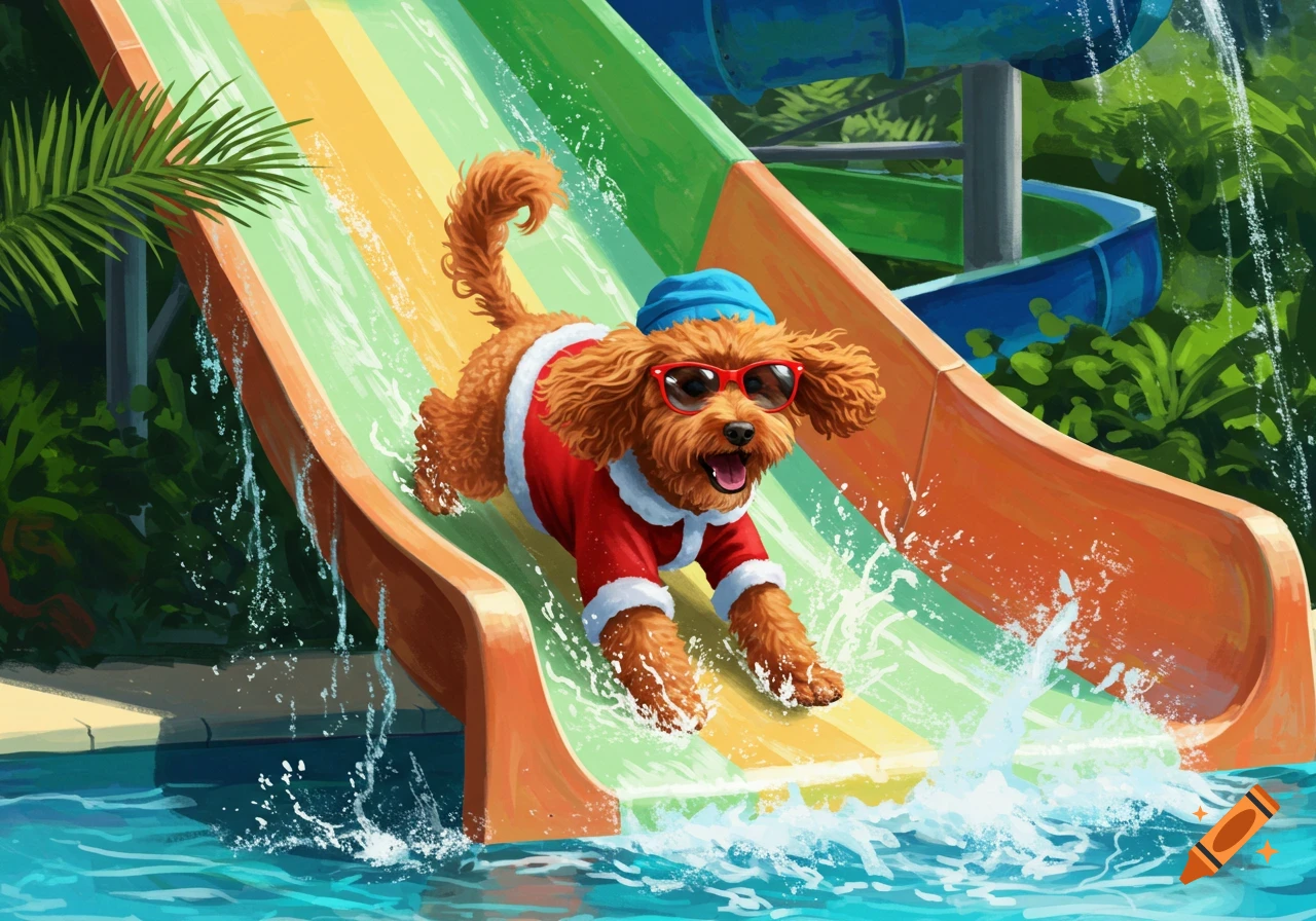 A cute ginger poodle in a Santa suit, blue swim cap, and red sunglasses slides down a colorful water slide into a pool, splashing water.