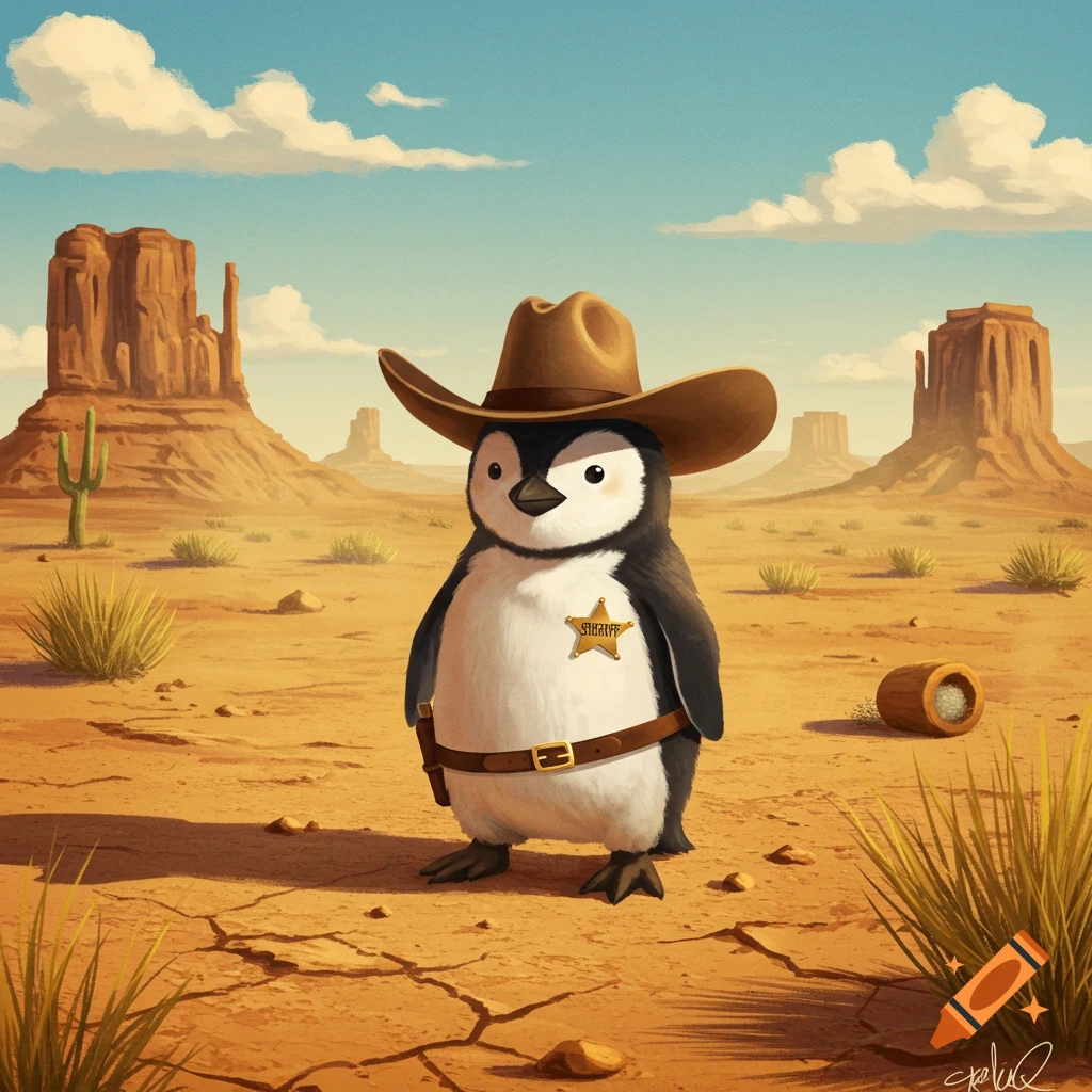 A cute cartoon cowboy penguin wearing a sheriff's badge and hat stands in a desert with mesas and a cactus.