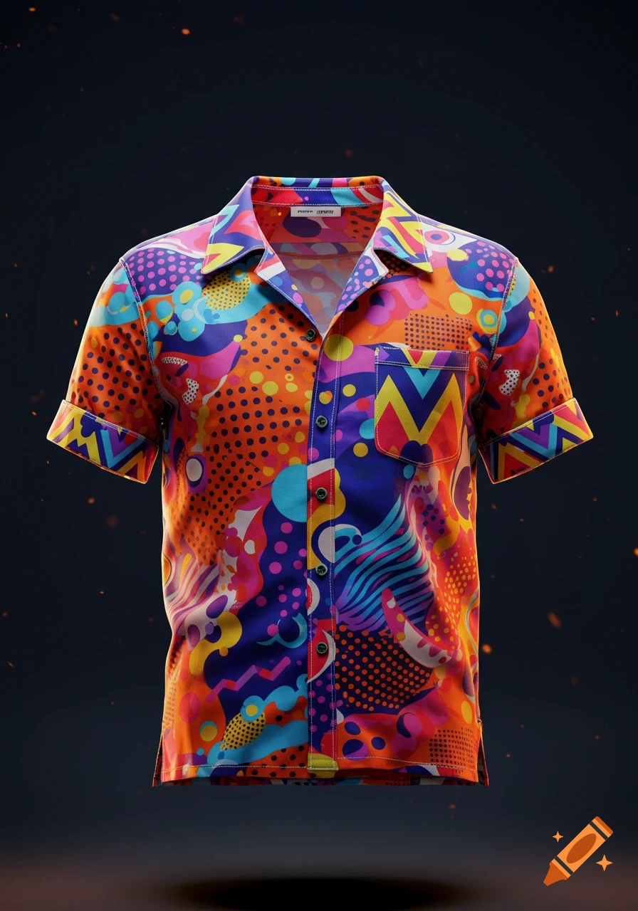 A vibrant, abstract-patterned short-sleeved shirt, featuring orange, purple, pink, and blue shapes, rendered photorealistically.