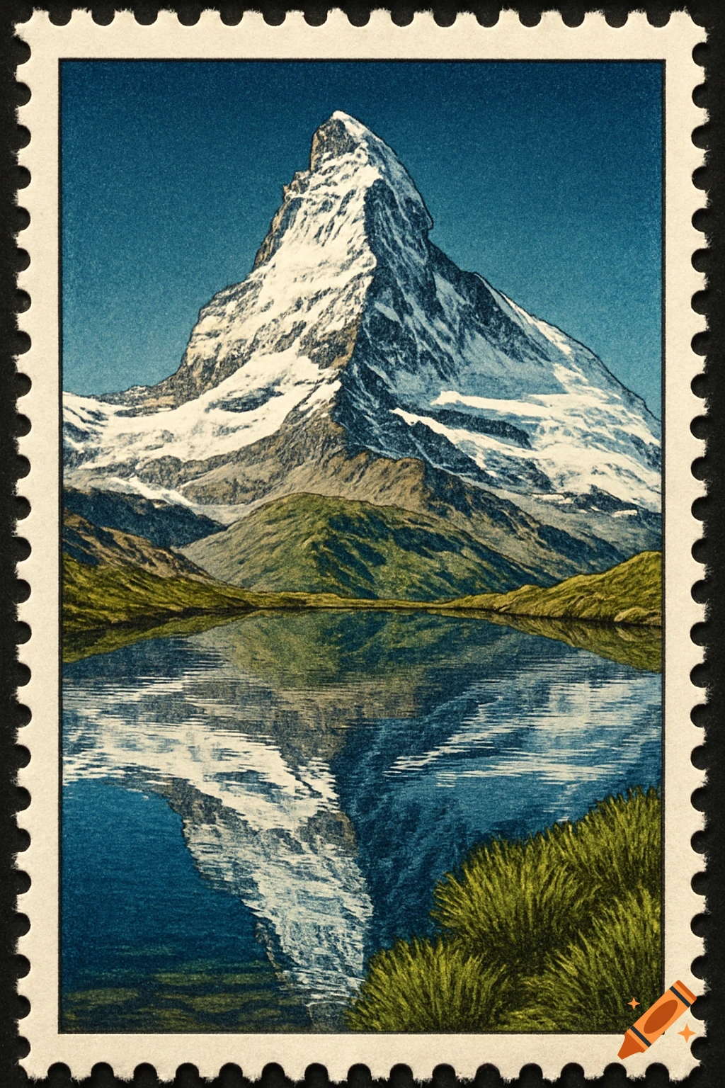 A scenic mountain landscape with a snow-capped peak reflecting in a calm lake, presented as a vintage postage stamp.