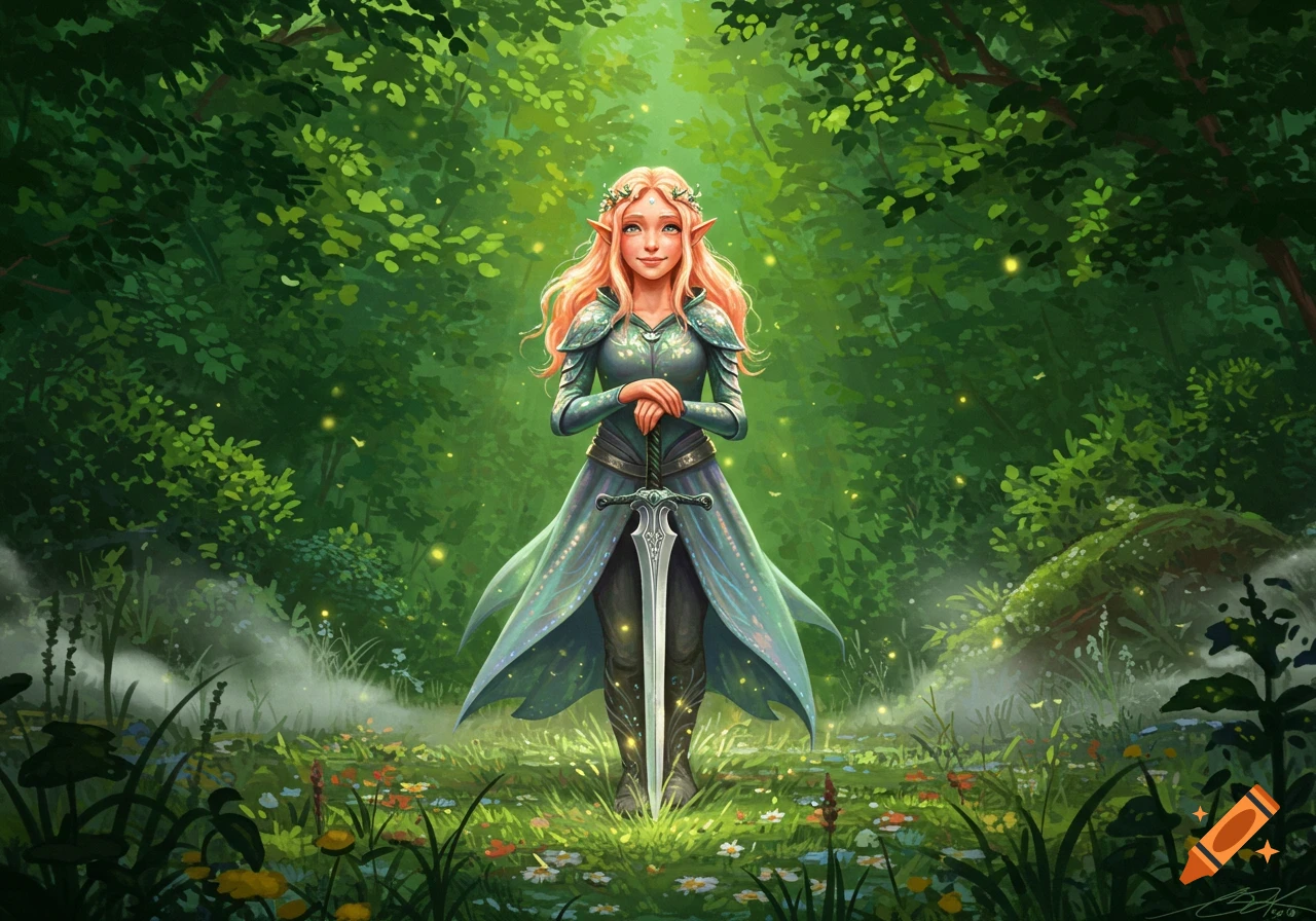 Smiling elven warrior with long blonde hair, wearing green armor and tunic, holds a sword in a vibrant, magical forest.