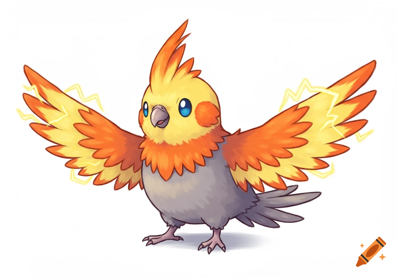 A cute electric and fire type cockatiel Pokemon with yellow, orange, and gray feathers, with yellow lightning bolts on its wings, against a white background.