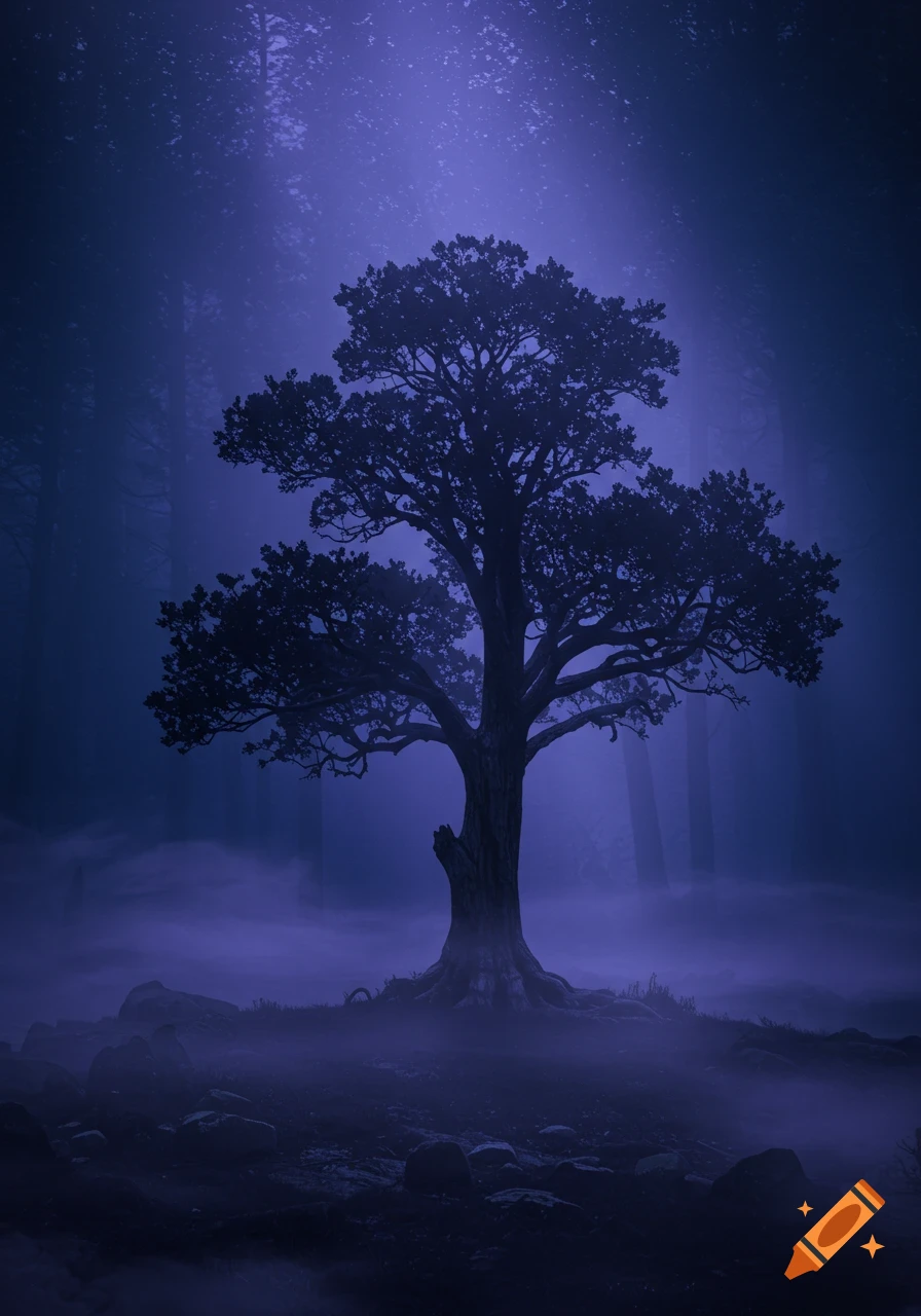 A majestic tree silhouetted against a dark, misty forest, bathed in a purple glow with light filtering through.