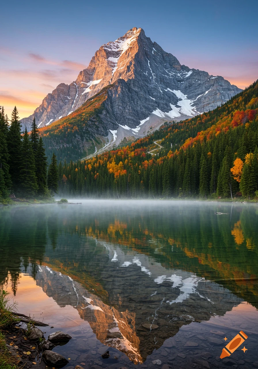 Photorealistic image of a majestic snow-capped mountain reflecting in a misty lake, surrounded by vibrant autumn trees.