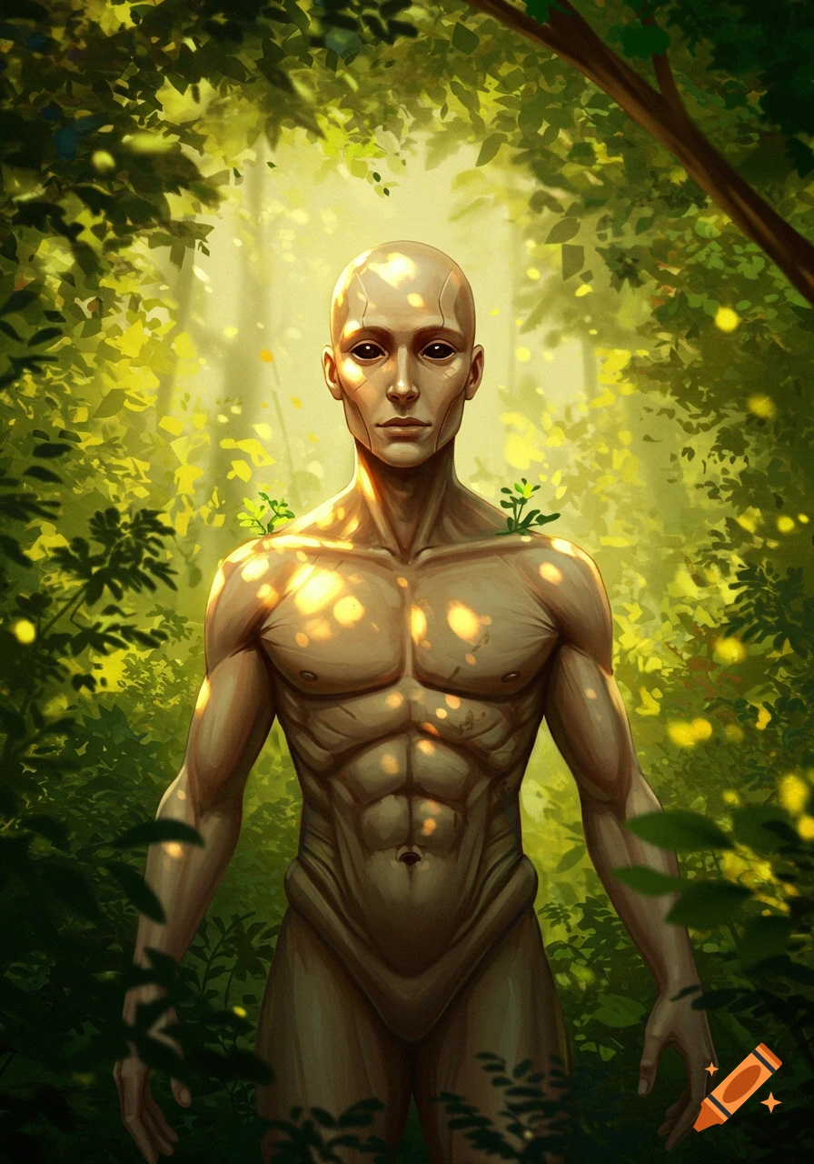 Bald, pale transhuman male figure with black eyes stands in a sun-dappled green forest, digital art.
