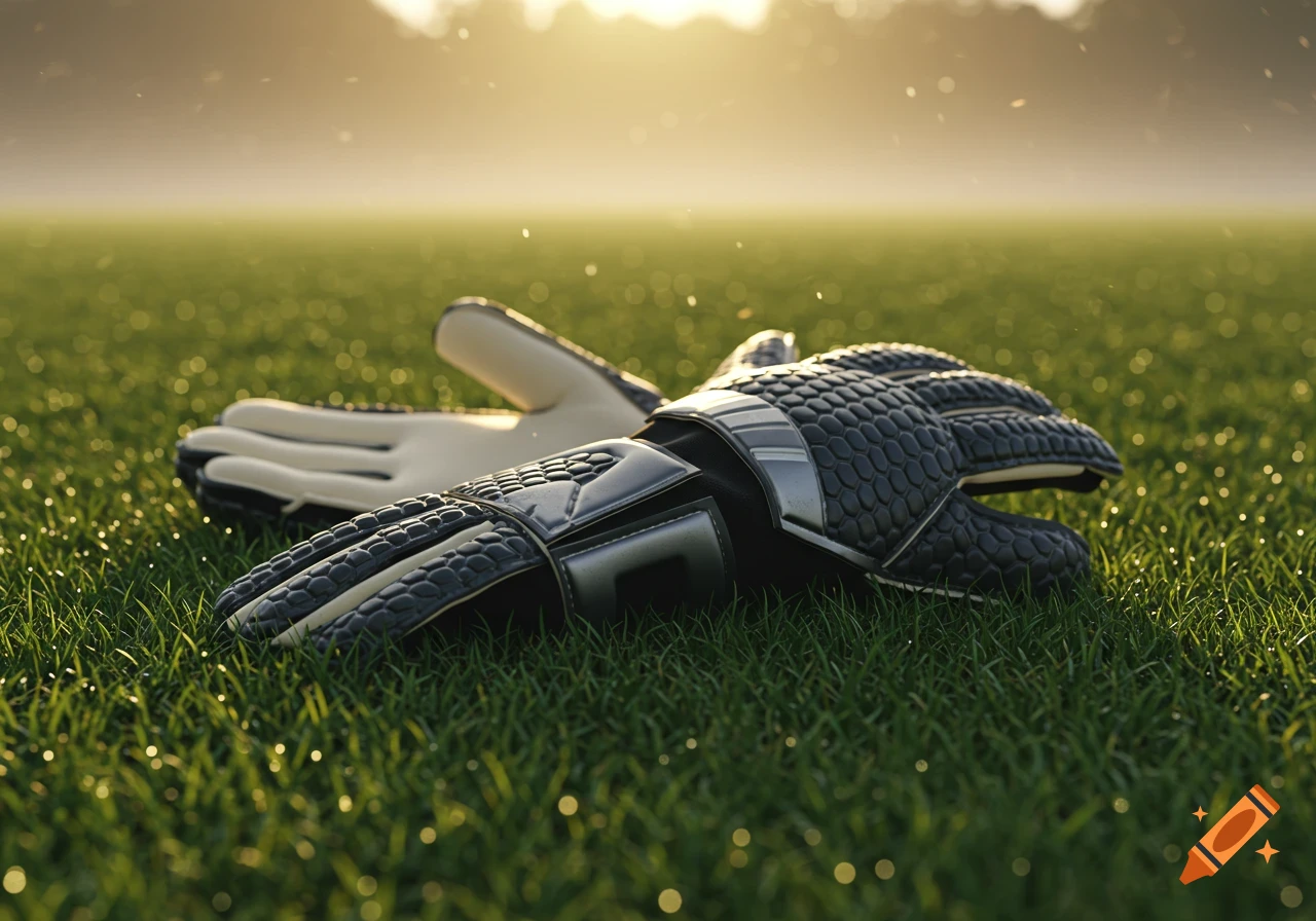 Photorealistic image of black and white goalkeeper gloves lying on a dewy grass field at sunrise.