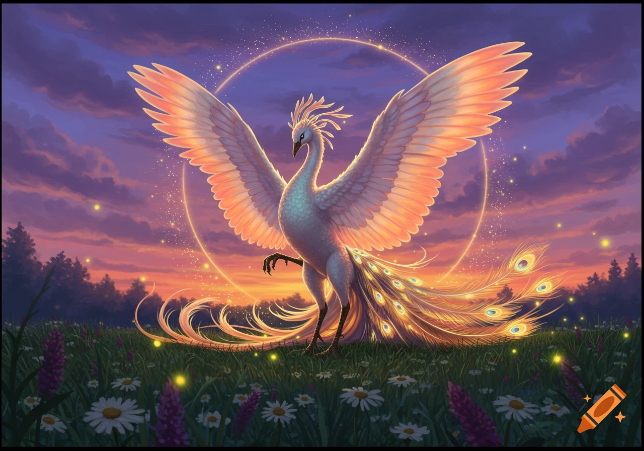A majestic white phoenix with glowing orange wings and iridescent tail feathers stands in a field of wildflowers at sunset.