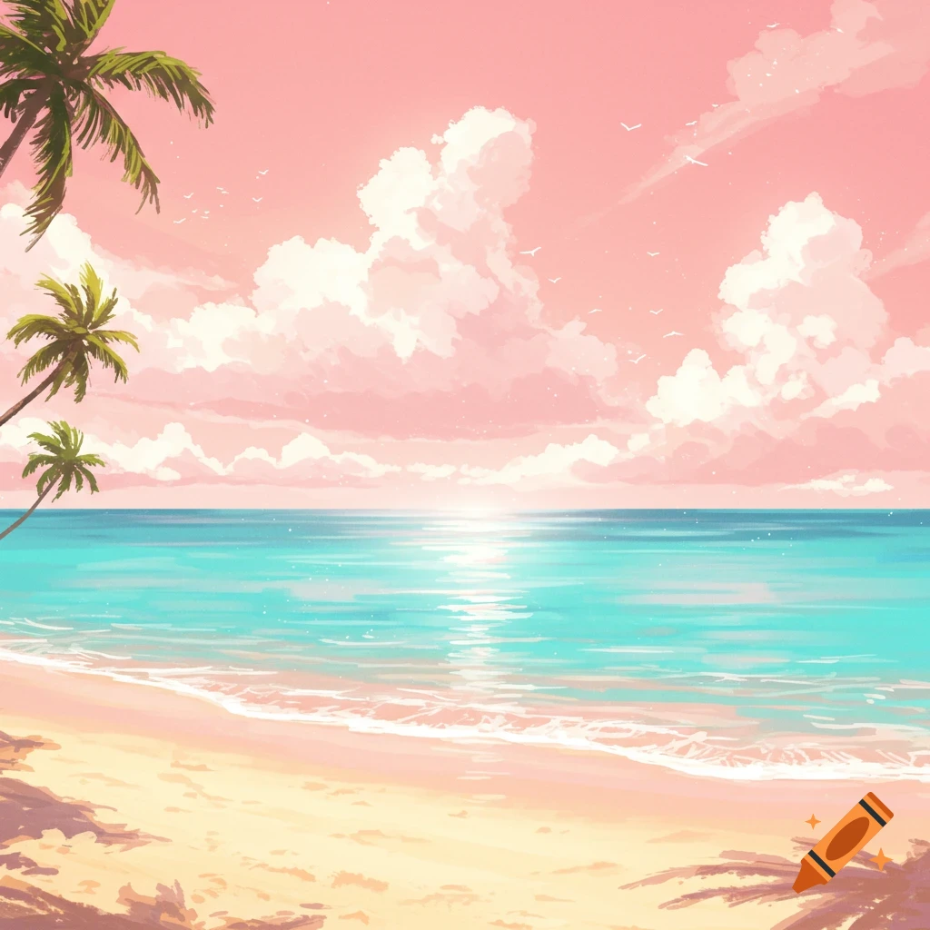 Stylized pink-hued beach with palm trees, turquoise ocean, and a vibrant sunset sky with fluffy clouds.