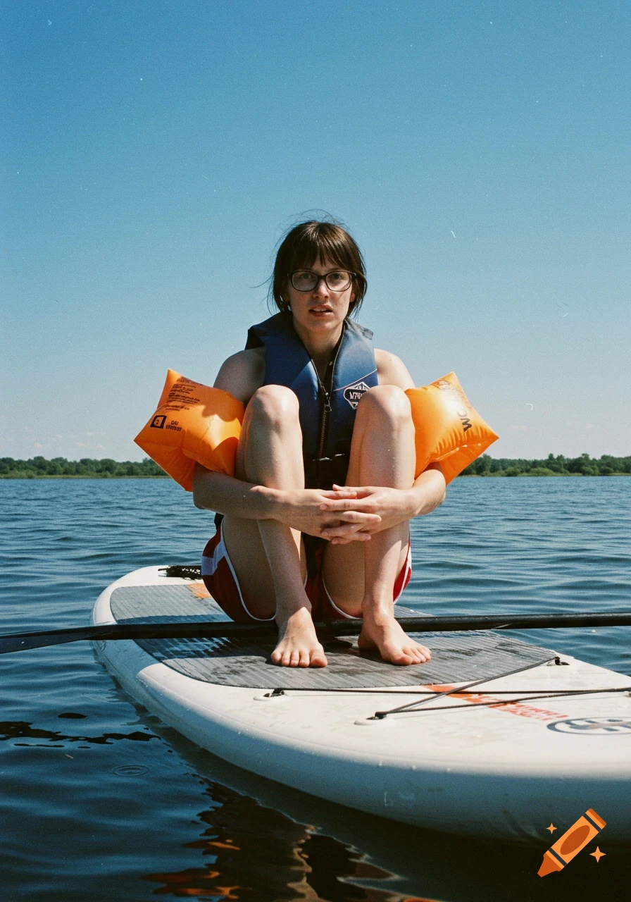 A woman with glasses and bangs sits with her knees drawn up on a paddleboard, wearing a lifejacket and waterwings, floating on a lake under a clear sky.