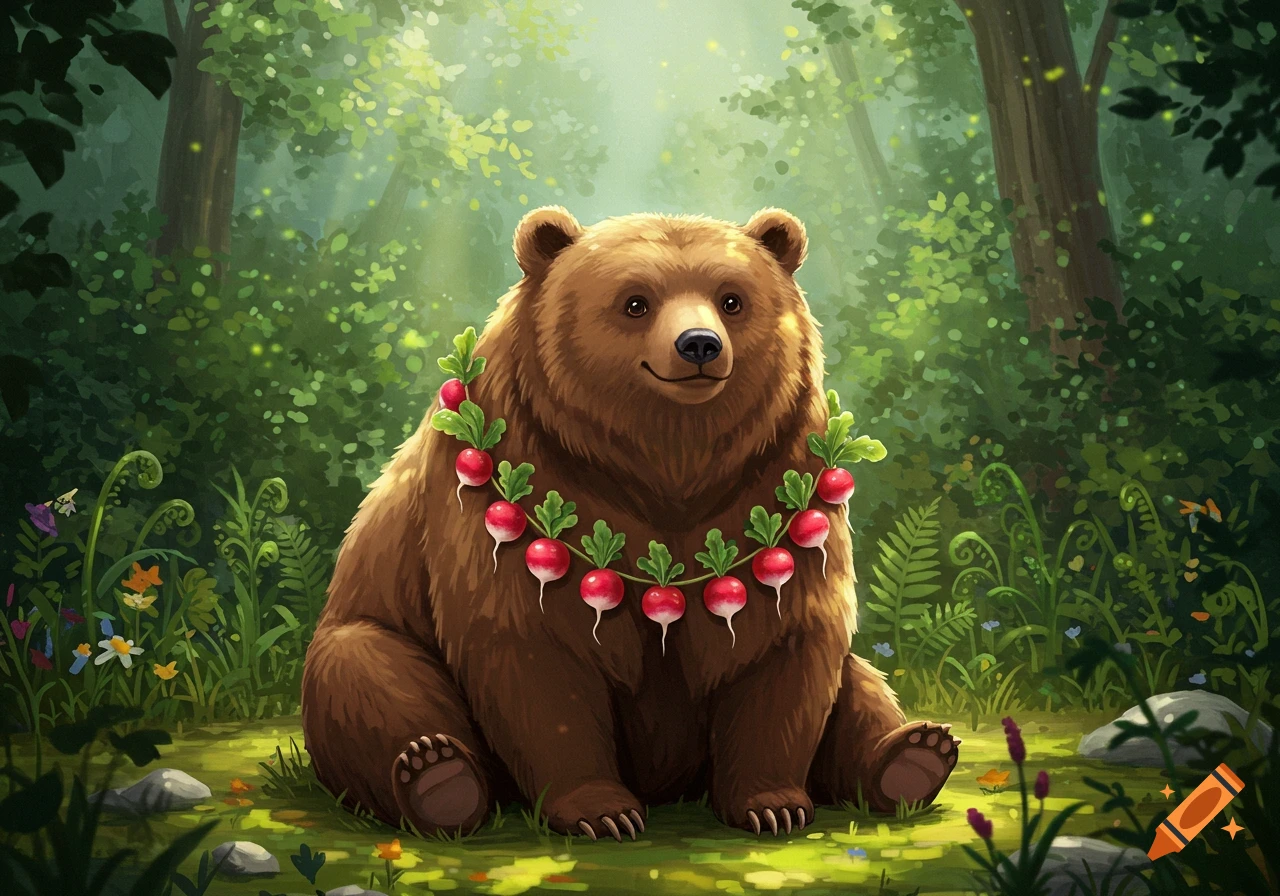 A whimsical brown bear with a radish necklace sits in a vibrant, lush green forest illustration.