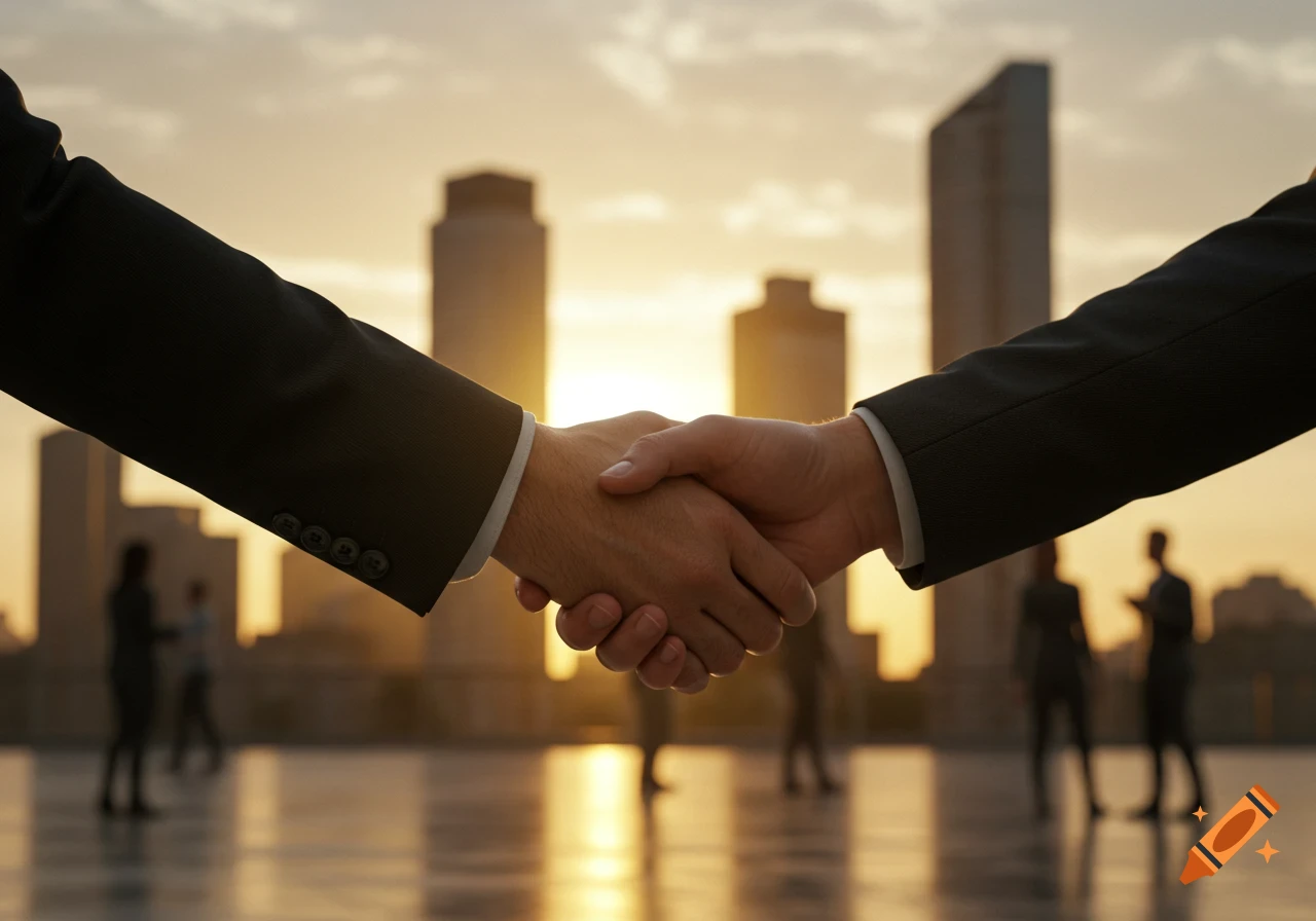 Close-up of two business people shaking hands in front of a blurred city skyline at sunset, with silhouetted figures in the background. Photorealistic style.