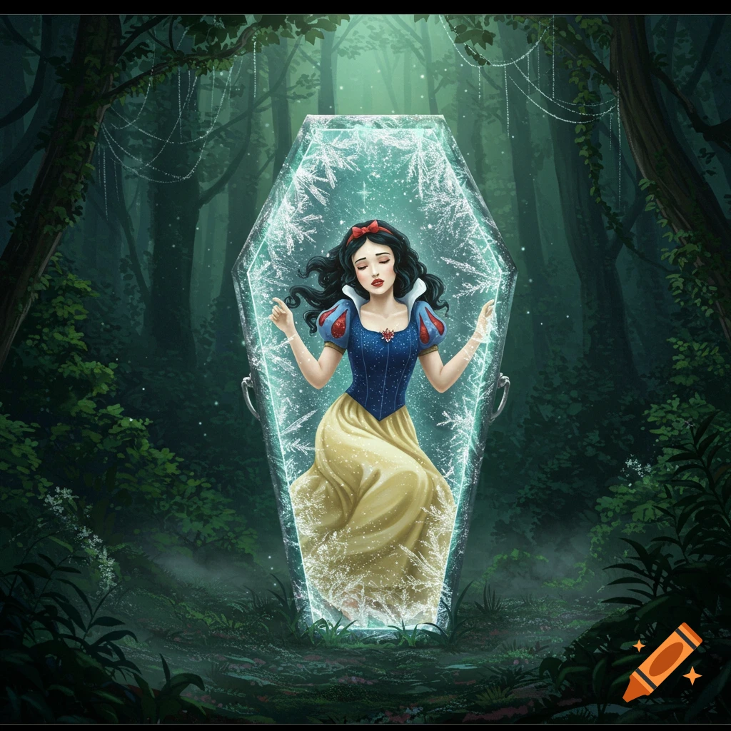 Snow White in a glowing, icy, coffin-shaped glass case, illuminated in a dark, misty forest, digital illustration.
