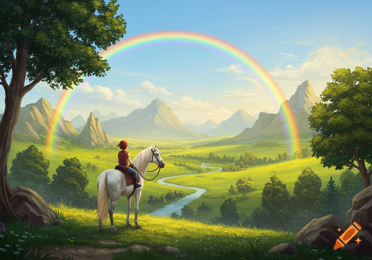 An illustrated scene of a child on a white horse on a grassy hill, overlooking a winding river valley and mountains under a bright rainbow.