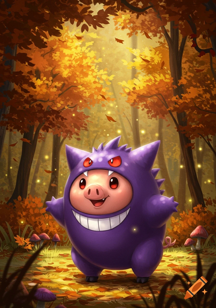 A cute pig in a purple Gengar costume stands in a vibrant autumn forest with glowing leaves and mushrooms.