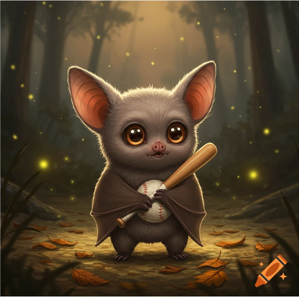 A cute, big-eyed cartoon bat in a dark forest holds a wooden baseball bat and a baseball, with glowing fireflies.