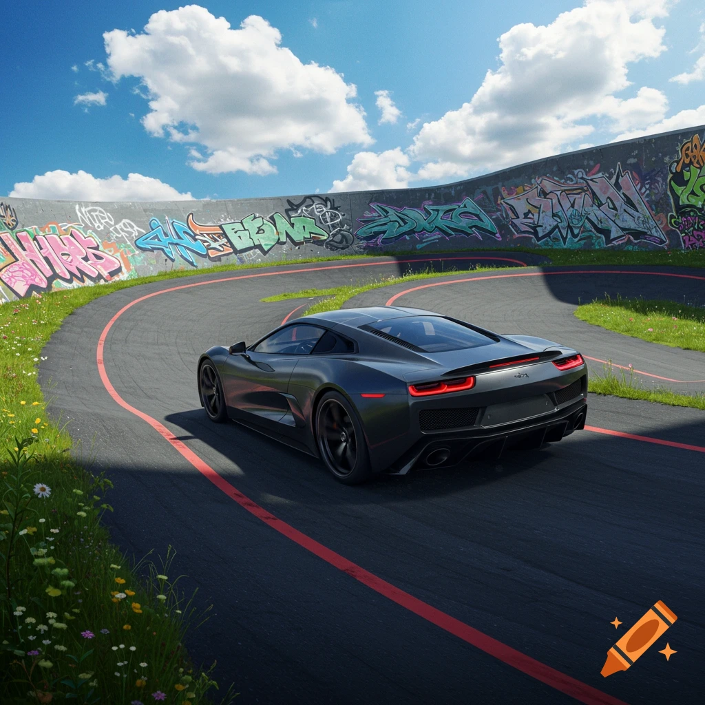 A dark grey sports car drives on a winding asphalt track with red lines, past a graffiti-covered wall, under a blue sky.