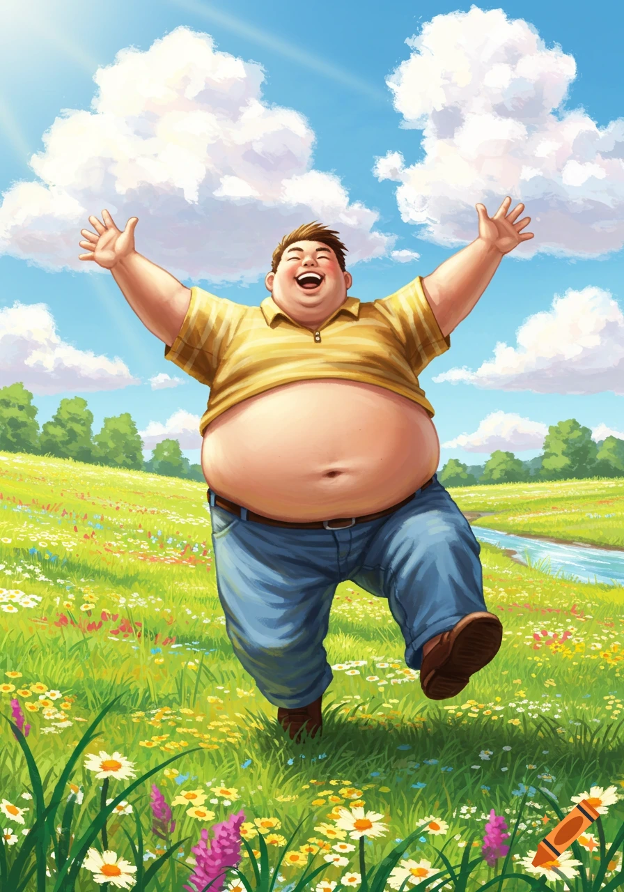 A cheerful, plump man with outstretched arms runs happily through a vibrant flowery meadow under a bright blue sky, cartoon style.