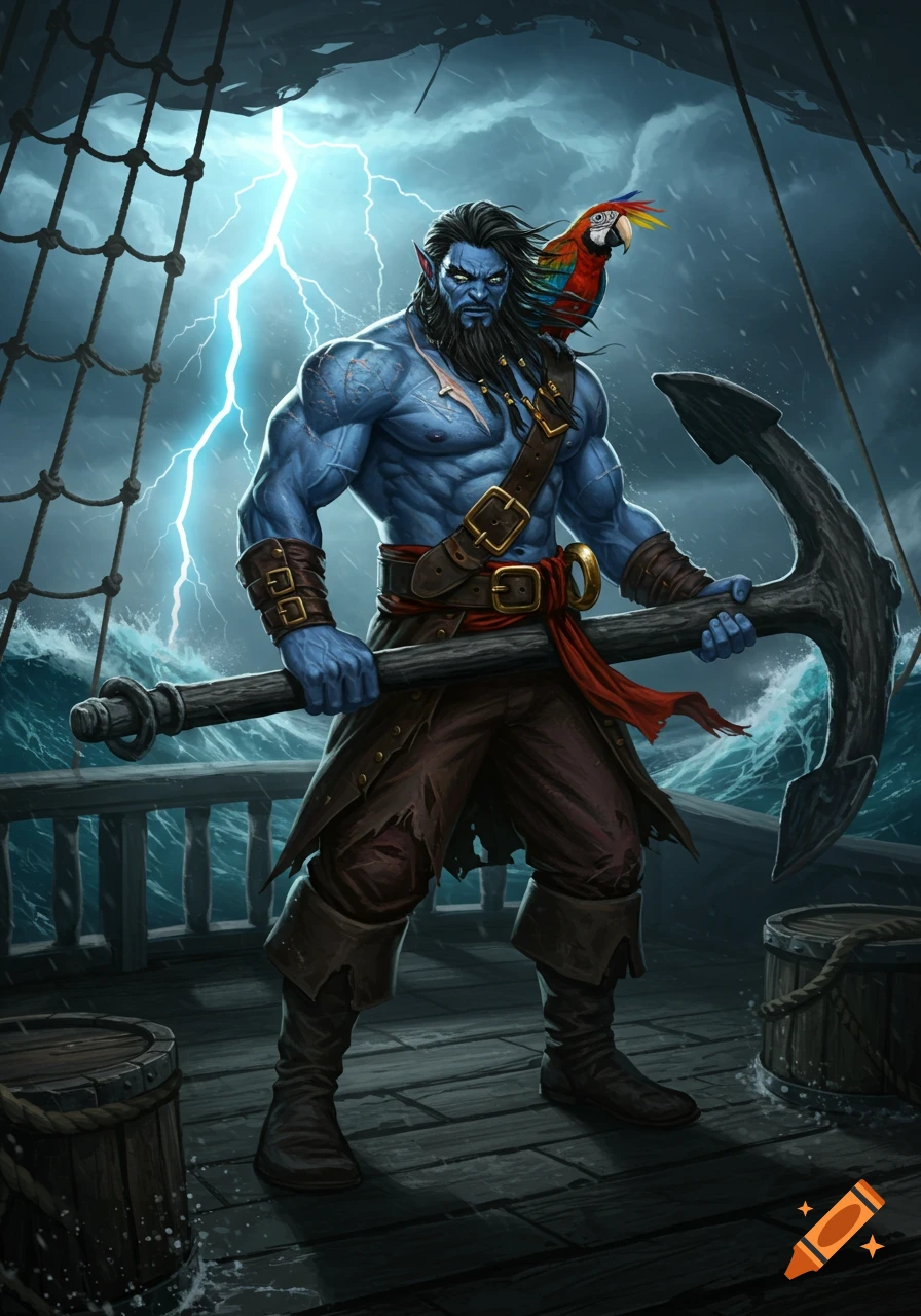 A muscular blue-skinned pirate with a beard and a parrot on his shoulder stands on a ship deck during a storm, holding a large anchor. Fantasy art.