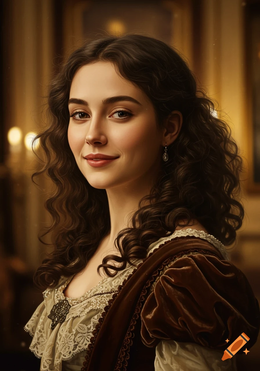 Portrait of a young woman with curly brown hair, smiling, in a 19th-century bourgeois dress, in a classical painting style.