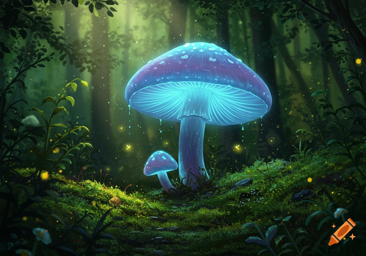A large, glowing blue and purple mushroom stands with a smaller one in a dark, mossy forest, illuminated by fireflies and dappled light.