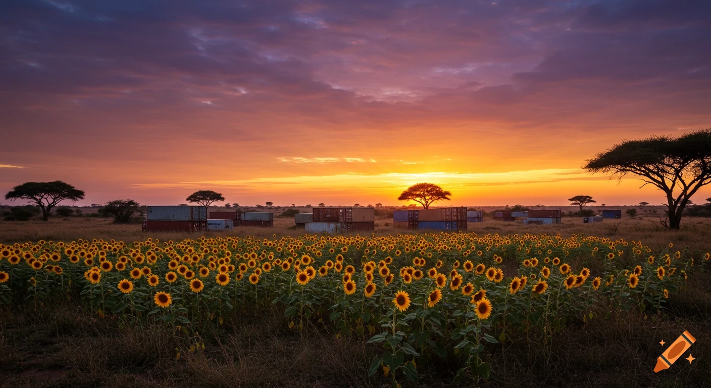 Photorealistic African landscape at sunset with a field of sunflowers, acacia trees, and shipping containers.