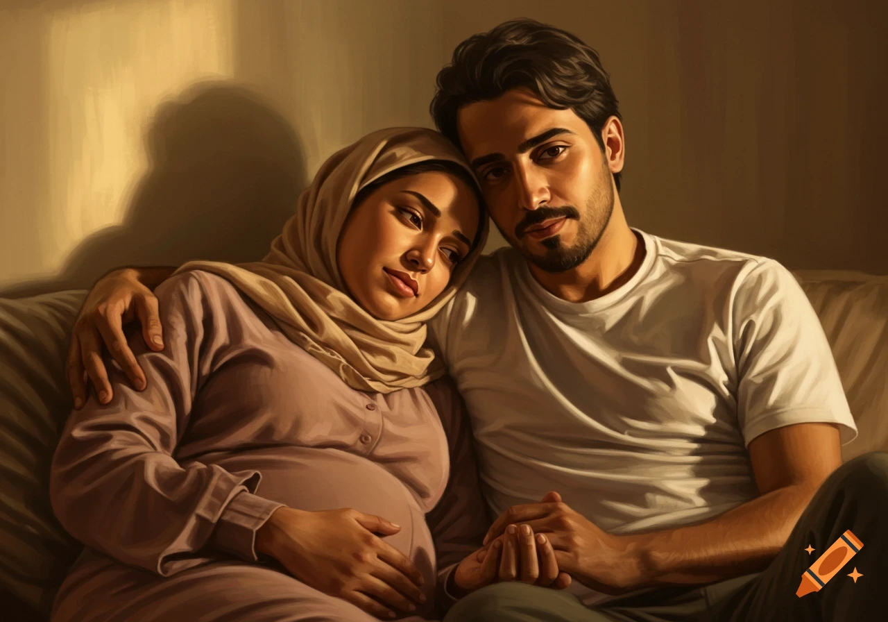 A realistic portrait of a pregnant Middle Eastern woman leaning on her partner's shoulder, holding her belly, in a warm, cozy home.