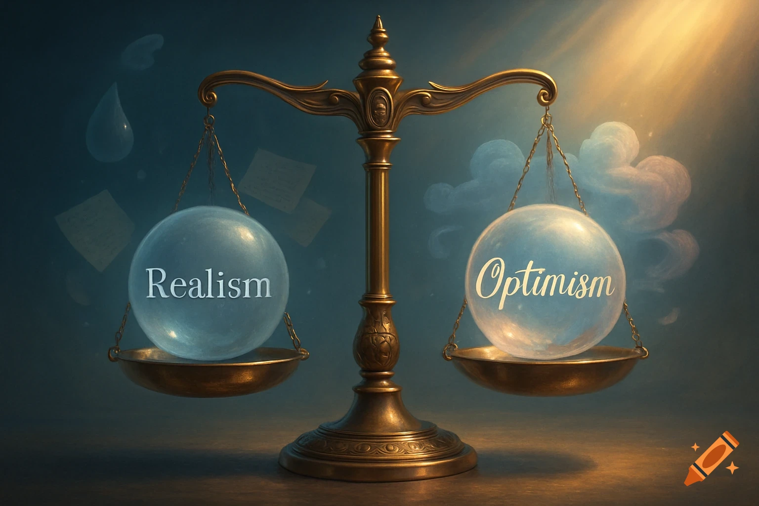 A detailed bronze balance scale holds two glowing crystal globes labeled 'Realism' and 'Optimism', bathed in ethereal light.