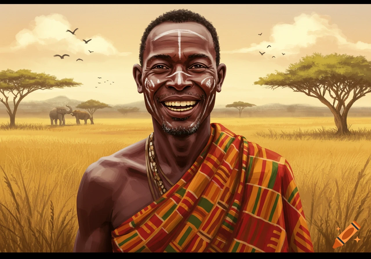 Cheerful tribal African man with face paint and patterned cloth, smiling in a savanna with elephants.