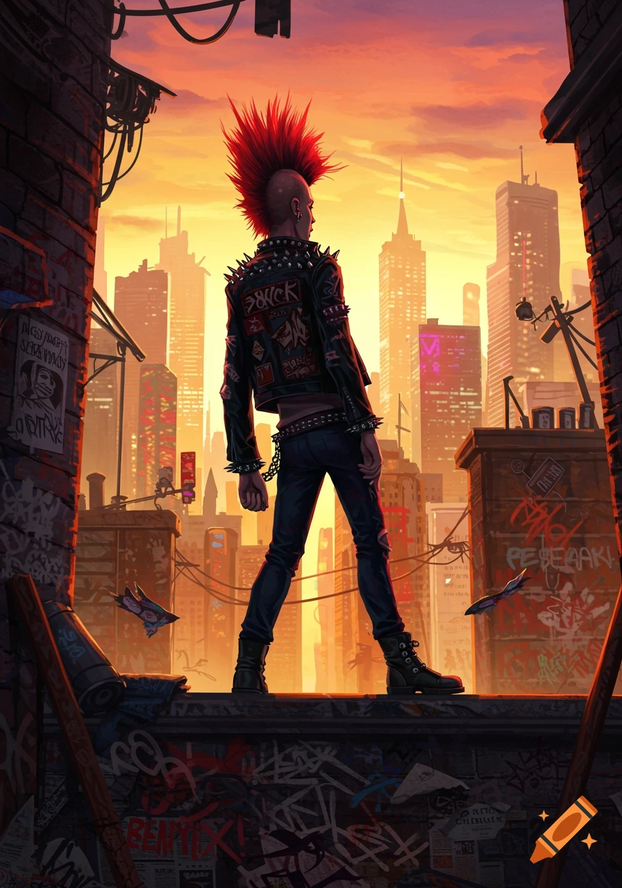 A punk with a red mohawk and studded leather jacket stands on a rooftop, silhouetted against a golden city sunset, looking over a sprawling cityscape.