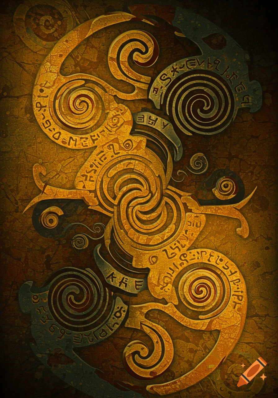 Abstract ancient gold and grey spiral patterns with glyphs on a textured, cracked background.