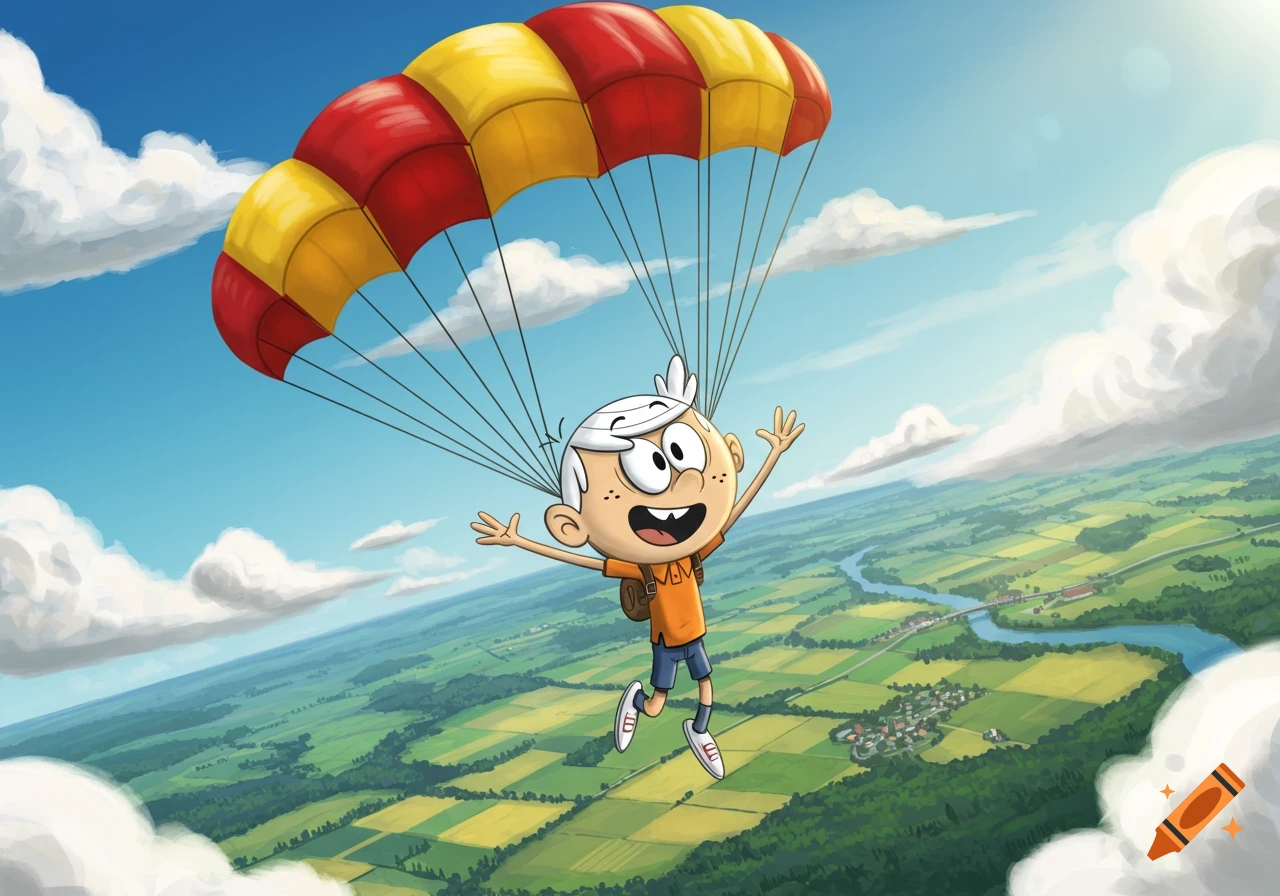Cartoon character Lincoln Loud parasailing high in a blue sky over a green landscape with a river.
