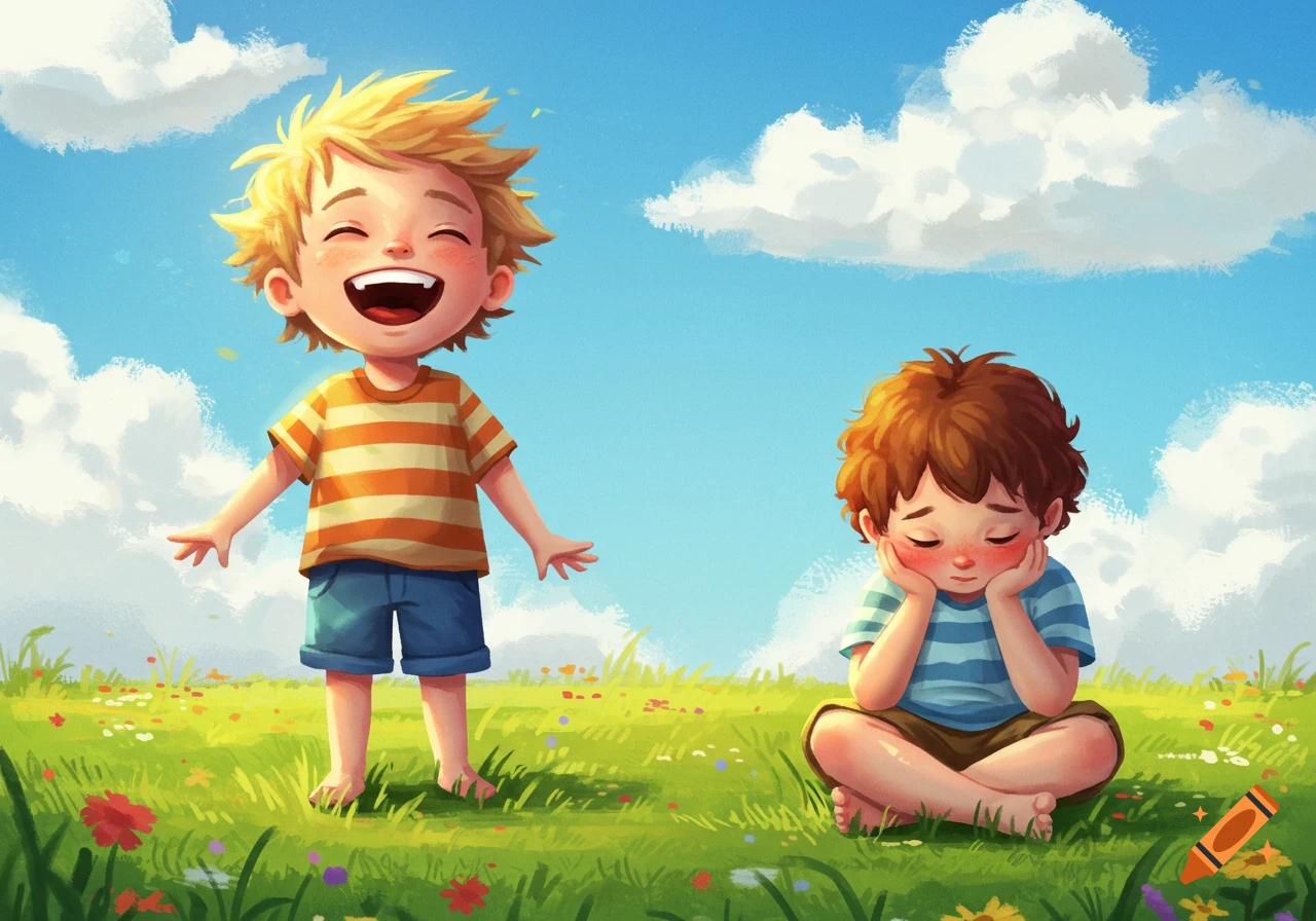 A happy blonde boy stands laughing next to a sad, brown-haired boy sitting in a green, flowery field under a blue sky, in a vibrant cartoon style.