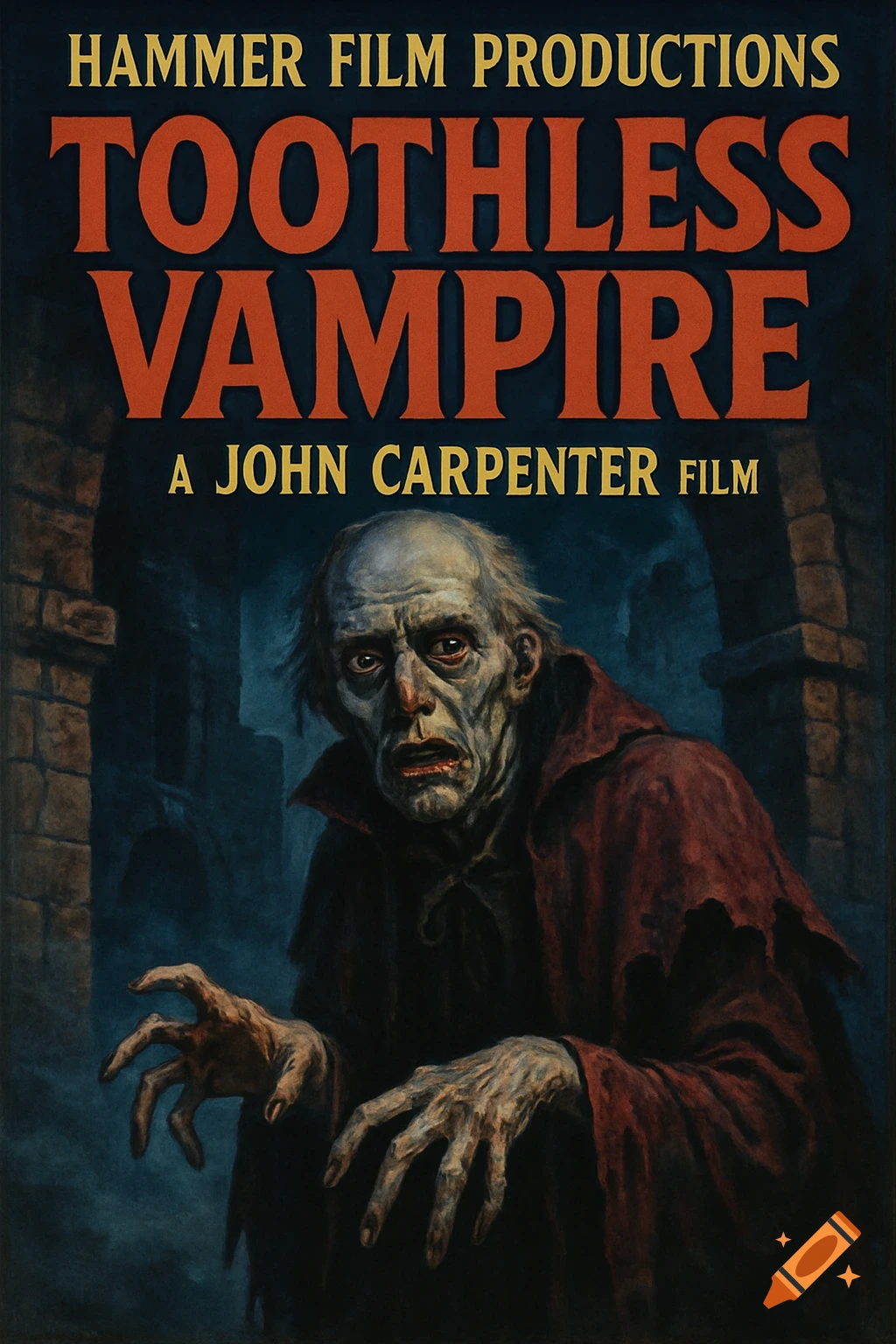 Vintage horror movie poster for 'Toothless Vampire' depicting a gaunt, desperate vampire in a decaying castle, painted in gloomy colors.