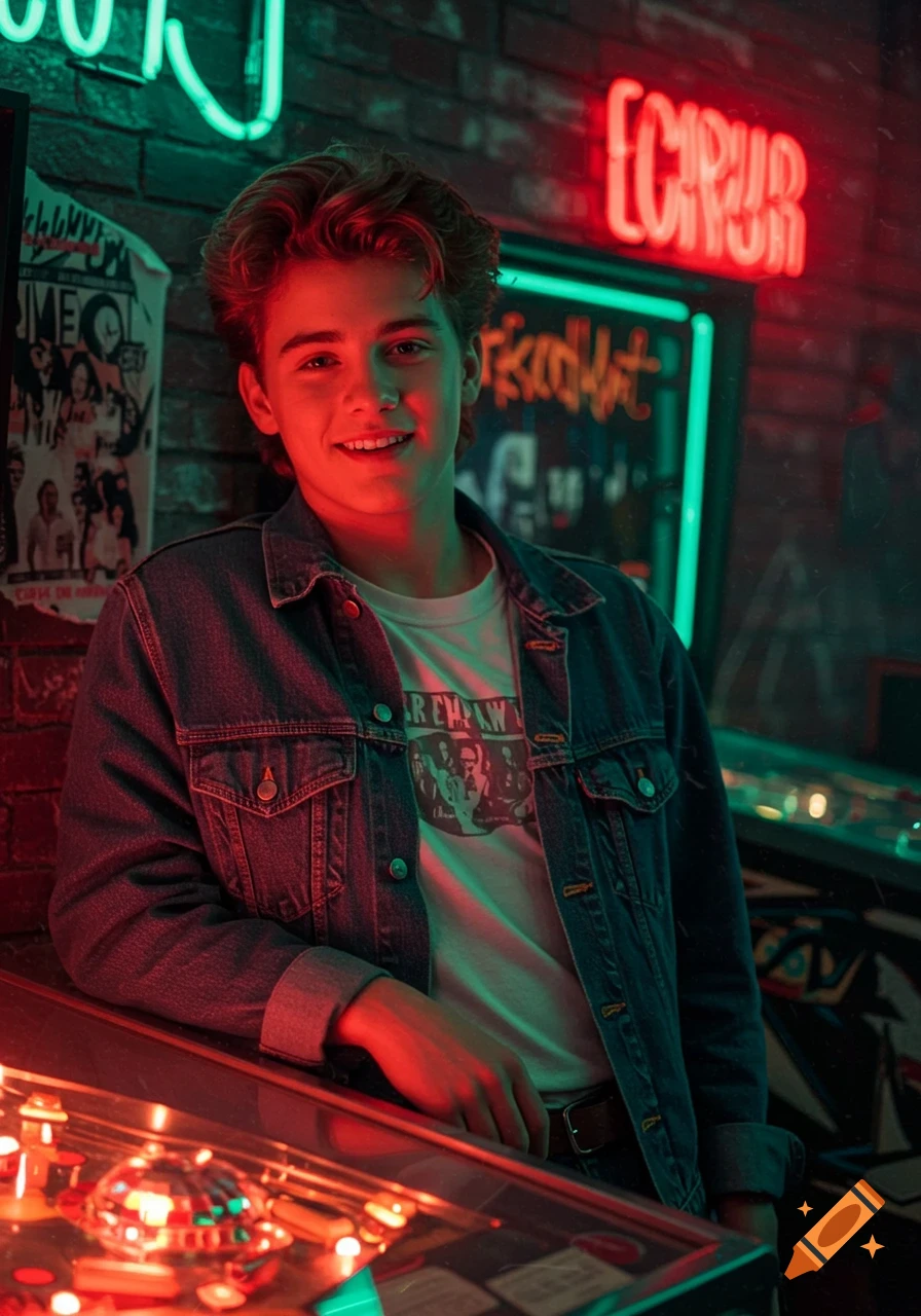 A young man with wavy hair smiles, leaning on a pinball machine in a neon-lit arcade, evoking a 90s aesthetic.