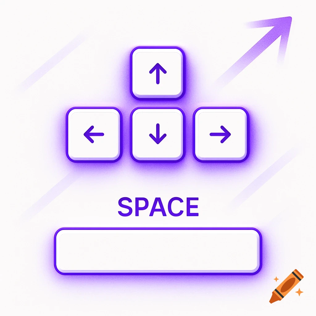A graphic of purple and white neon-style computer keyboard controls showing up, left, down, right arrow keys and the word SPACE above a space bar.
