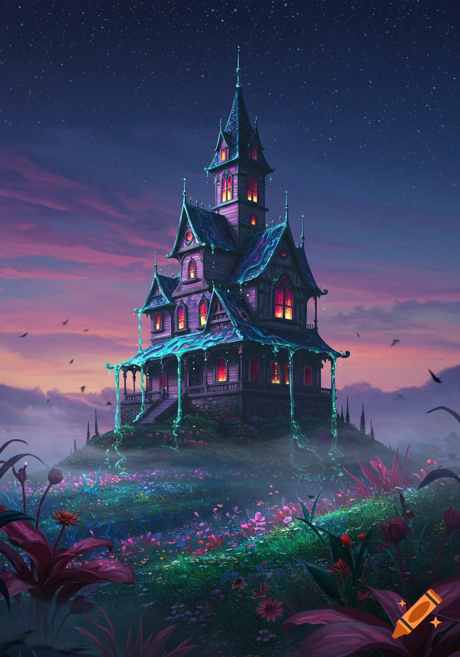 A vibrant, whimsical gothic mansion with glowing lights and drippy accents stands on a flower-covered hill under a starry twilight sky.