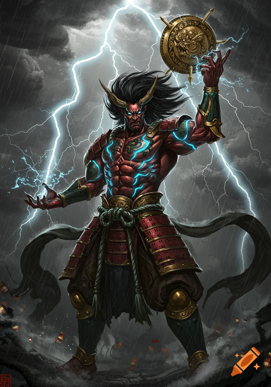 Powerful red-skinned Raijin, Japanese god of thunder, with horns and glowing veins, wields a golden drum in a stormy, lightning sky.